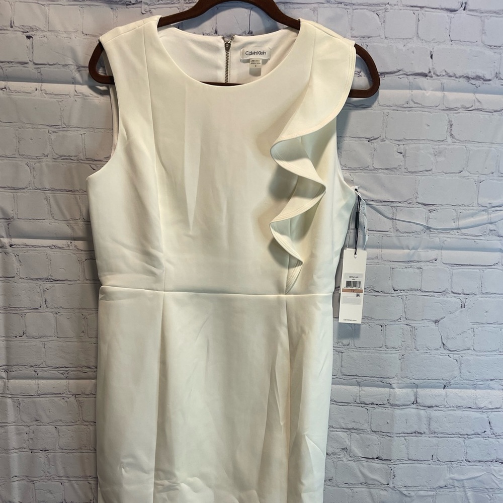 Calvin Klein White Sheath Dress. Ruffle Front. Size 12. NWT.